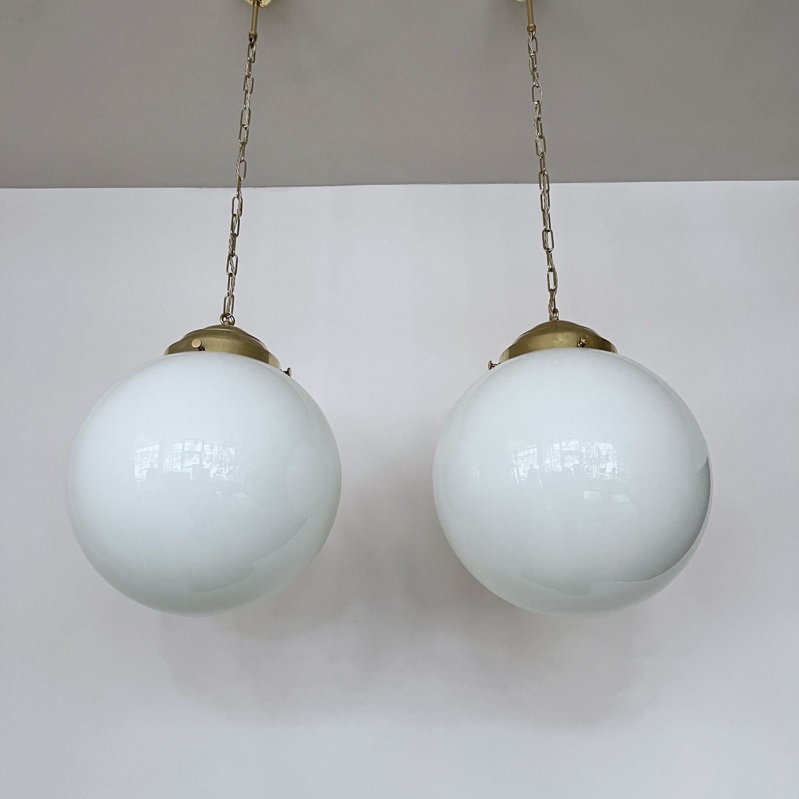 Pair Of Large Early 20th Century English Opaline Glass Shades With New Polished Brass Gallery Fittings photo furniture