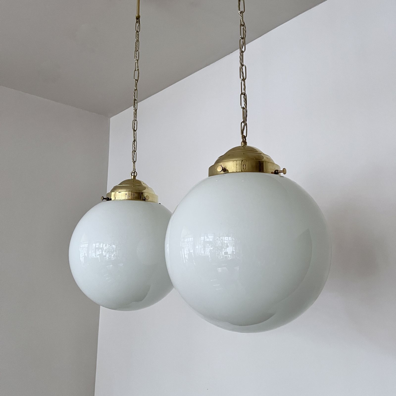 Pair Of Large Early 20th Century English Opaline Glass Shades With New Polished Brass Gallery Fittings photo for sale