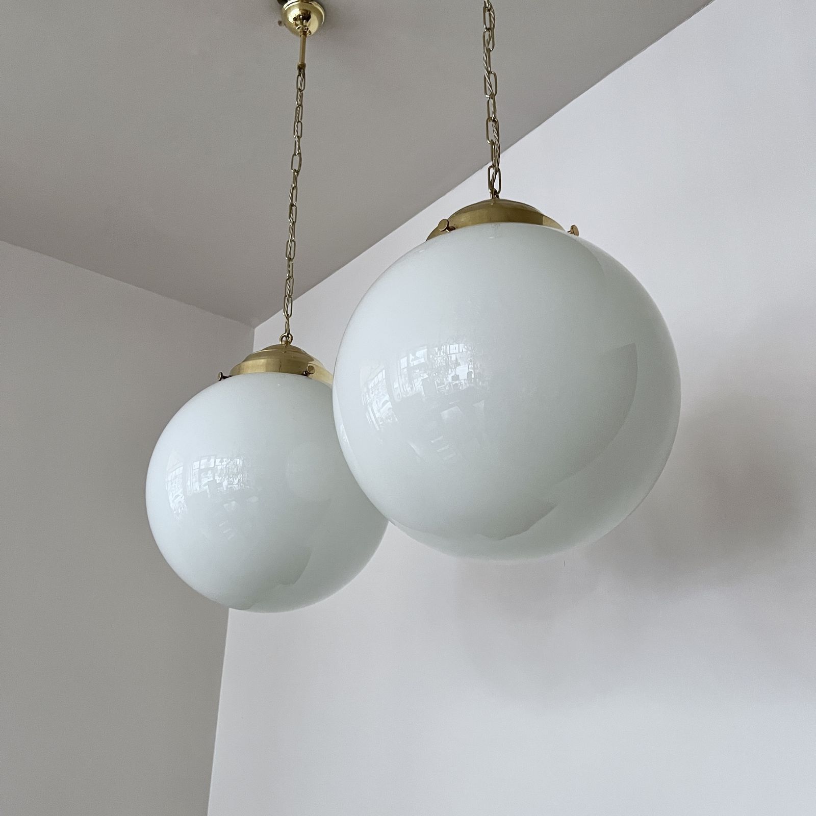Pair Of Large Early 20th Century English Opaline Glass Shades With New Polished Brass Gallery Fittings photo Lighting