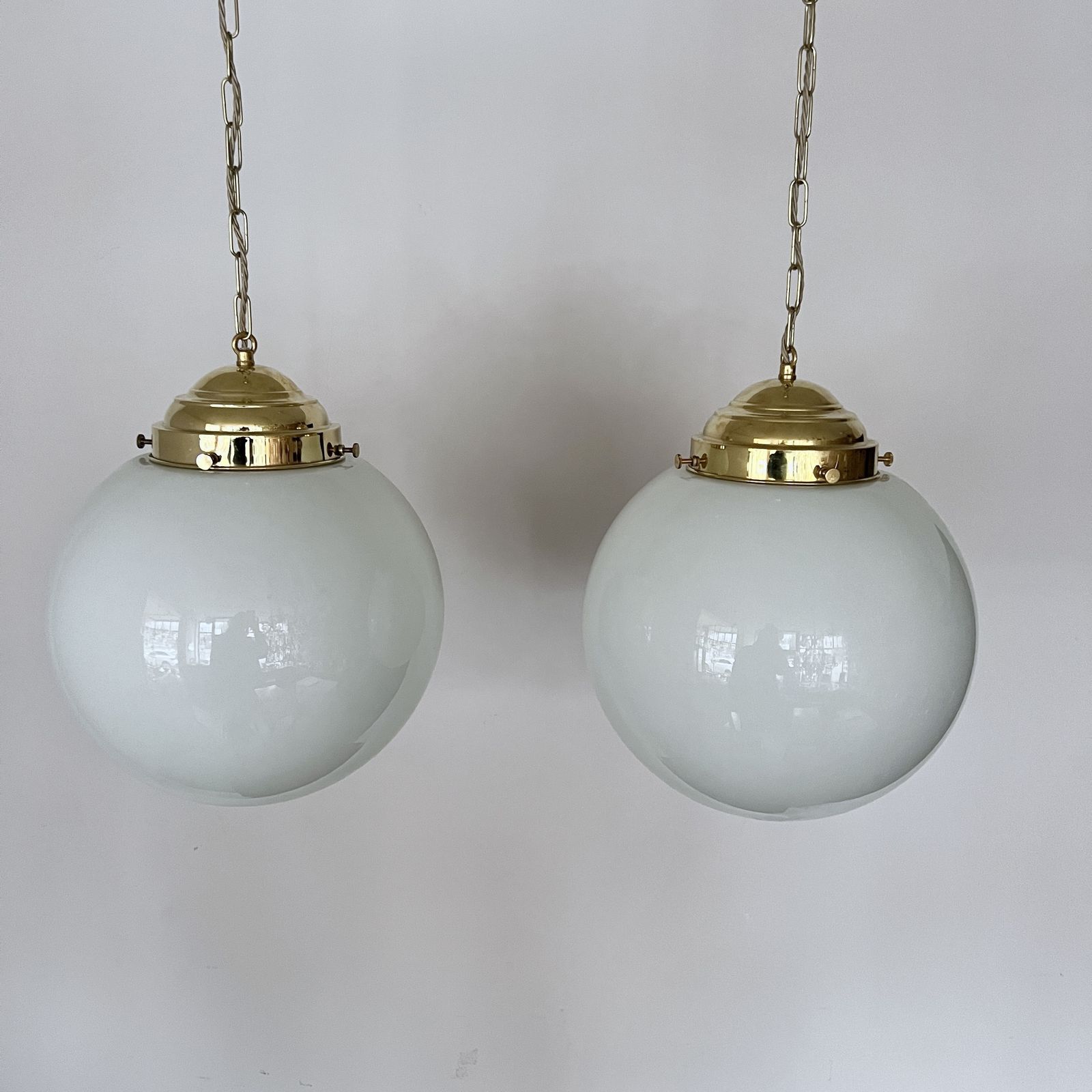 Pair Of Large Early 20th Century English Opaline Glass Shades With New Polished Brass Gallery Fittings photo 750.0