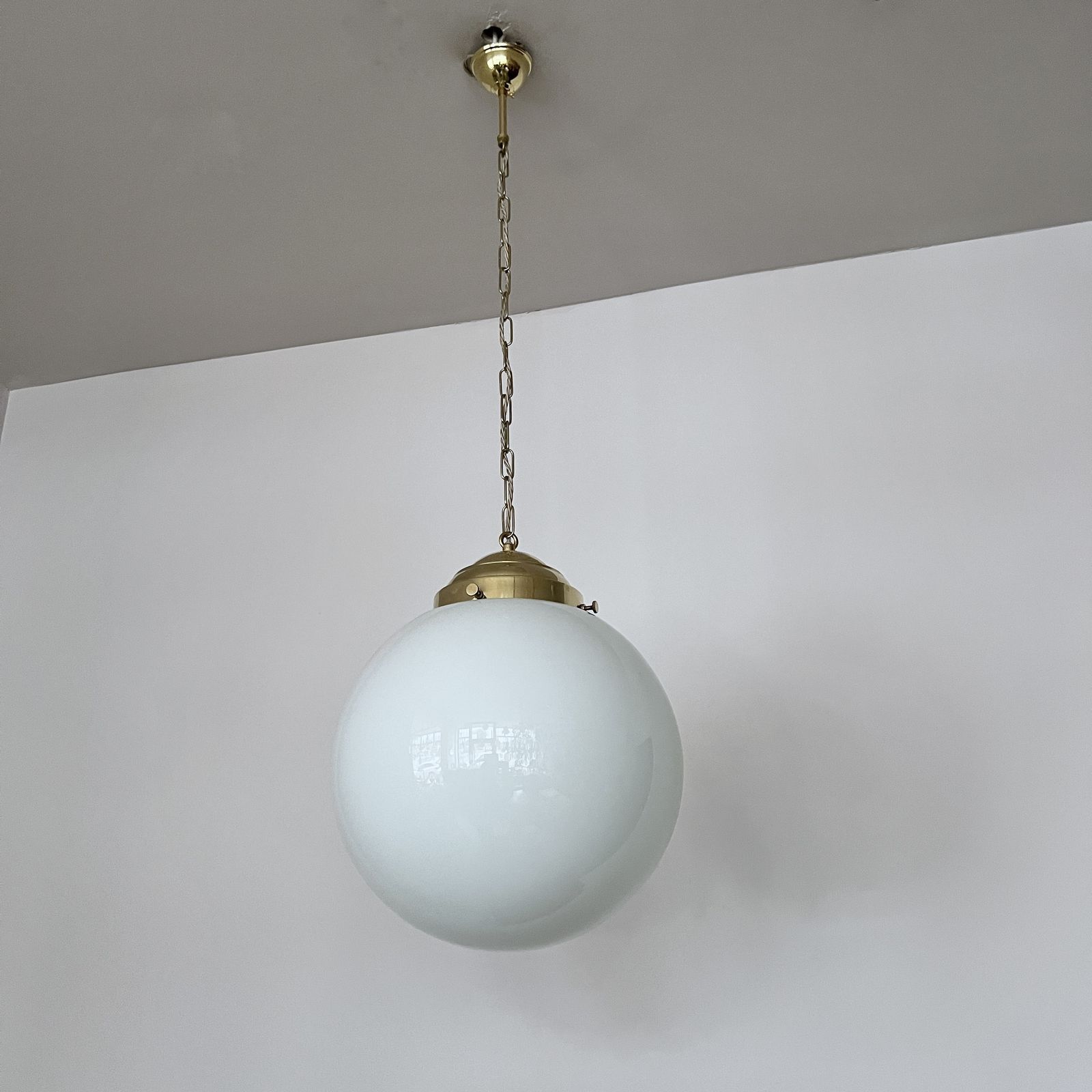 Pair Of Large Early 20th Century English Opaline Glass Shades With New Polished Brass Gallery Fittings photo vintage