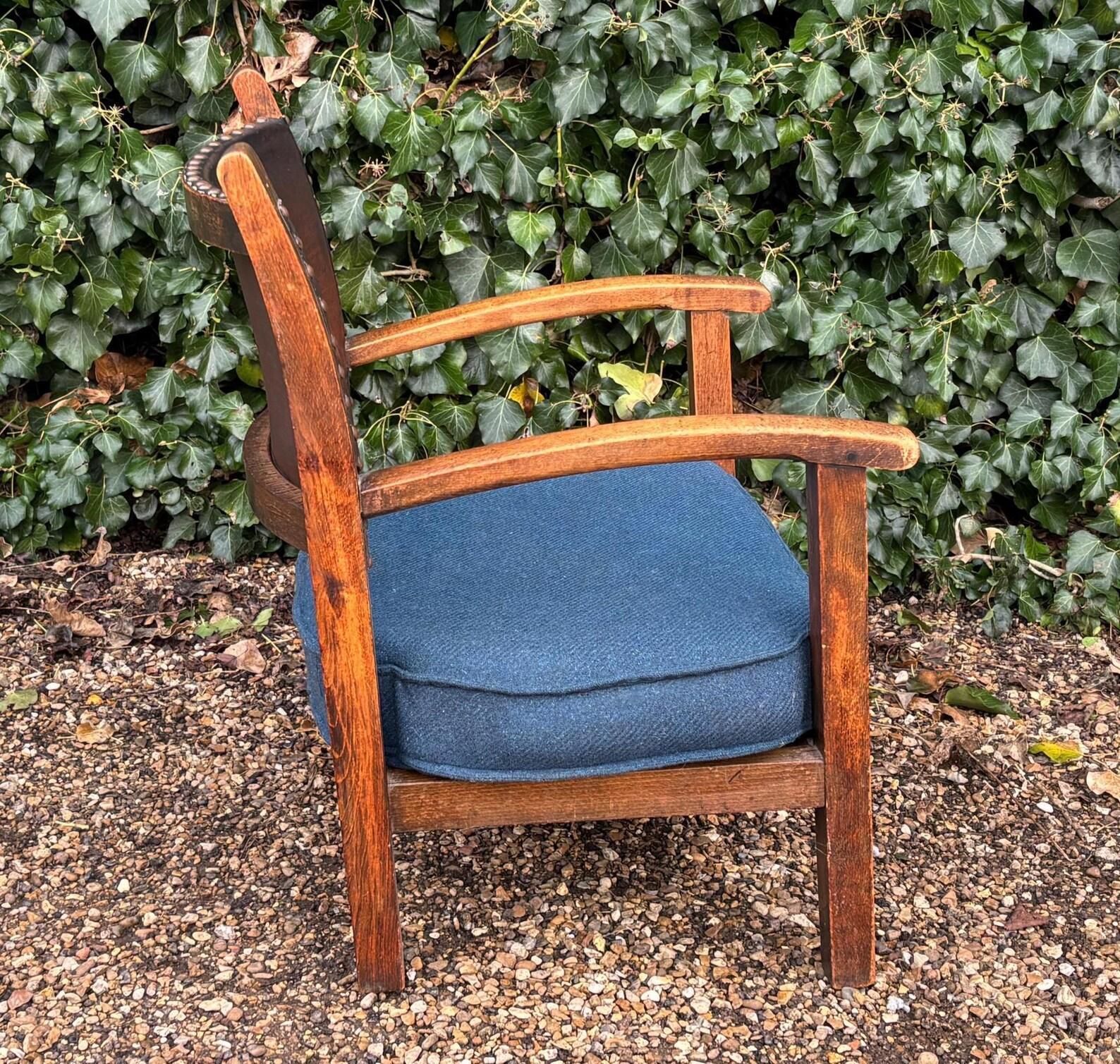 Antique Low Oak And Leather Nursing Fireside Elbow Armchair photo for sale