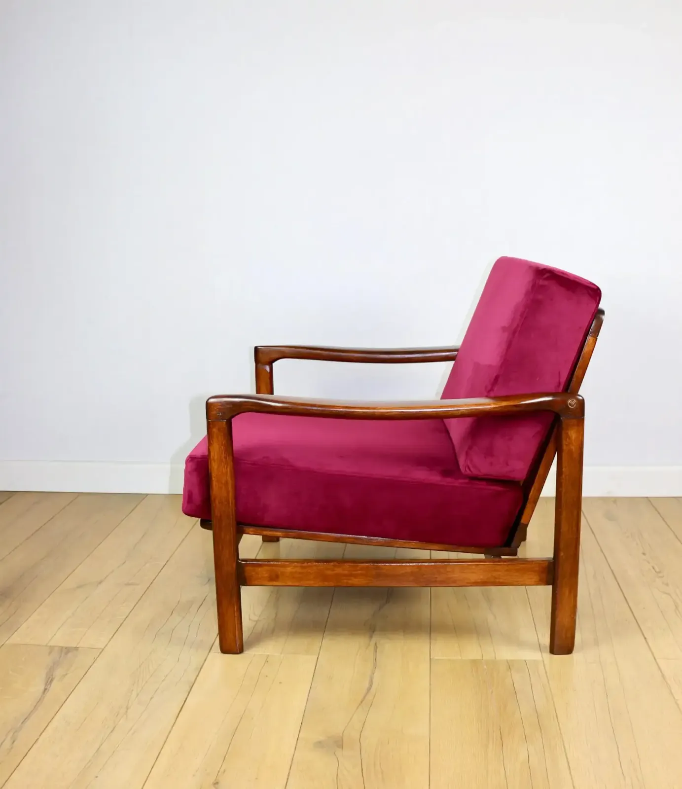 Vintage Burgundy Raspberry Brown Wooden Armchair Designed By Z. Bączyk   2 Pieces Available photo buy