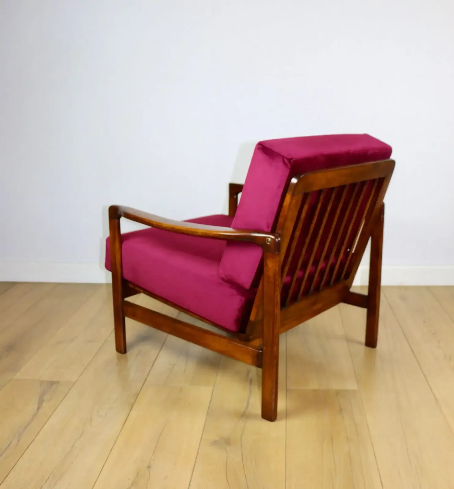 Vintage Burgundy Raspberry Brown Wooden Armchair Designed By Z. Bączyk   2 Pieces Available photo vintage