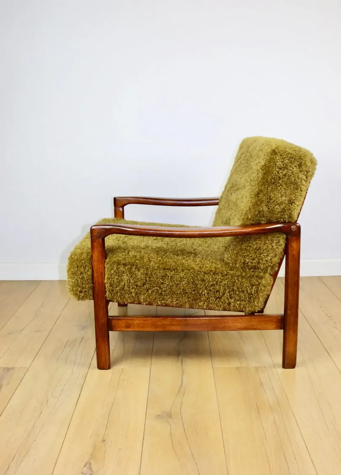 Wooden Armchair, Brown, Vintage Khaki / Olive, Long Hair, Rudy Lis, Designed By Z. Bączyk   2 Pieces Available photo buy