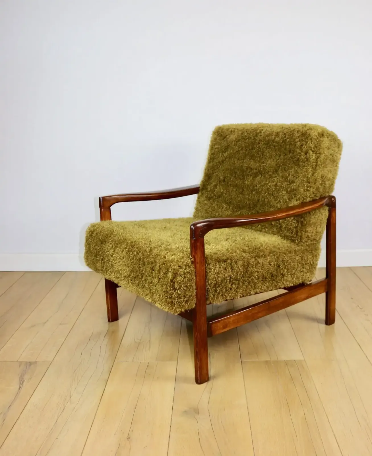Wooden Armchair, Brown, Vintage Khaki / Olive, Long Hair, Rudy Lis, Designed By Z. Bączyk   2 Pieces Available photo vintage