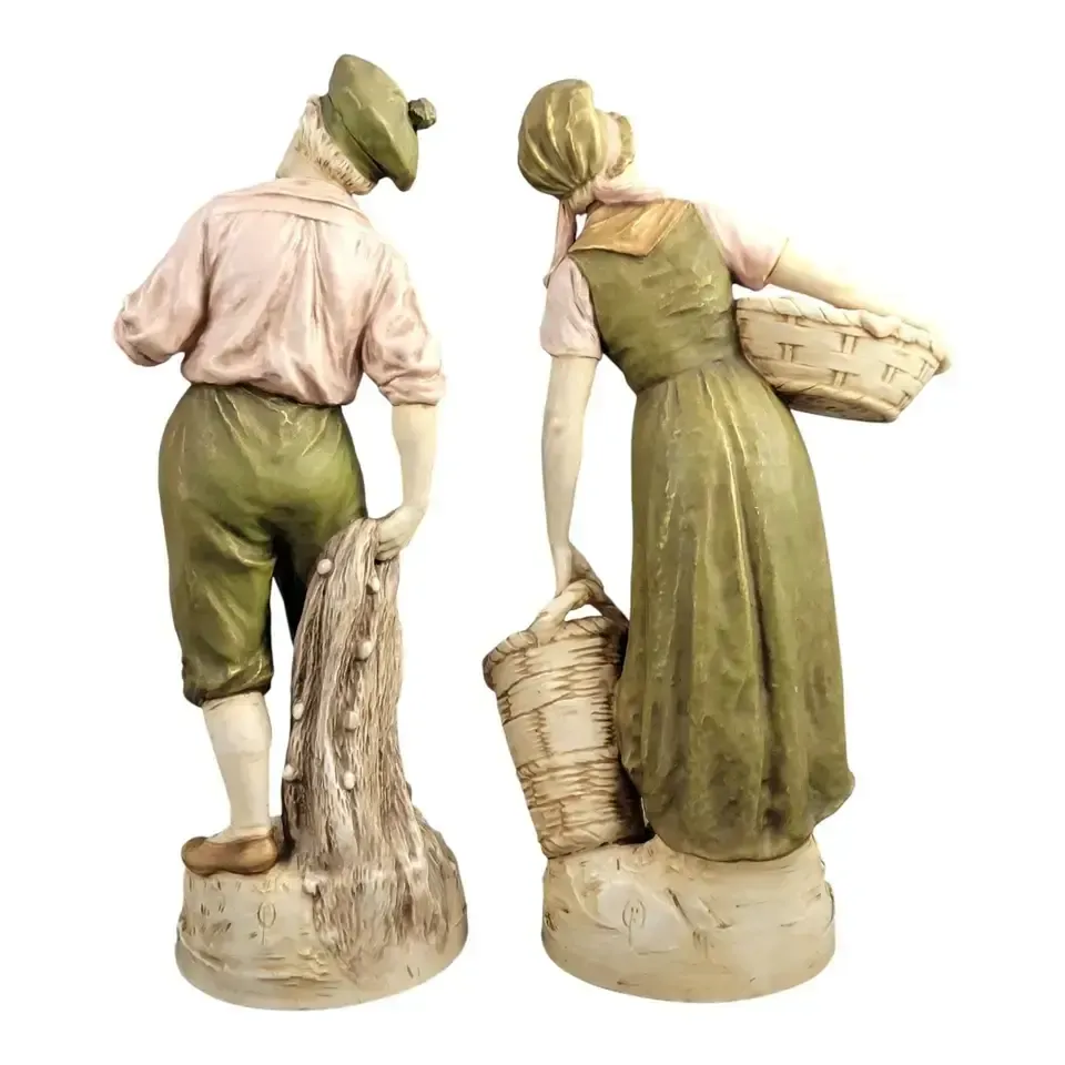 Antique Royal Dux, Large Pair Of Porcelain Fisher Figures, Bohemia, C. 1918 photo for sale