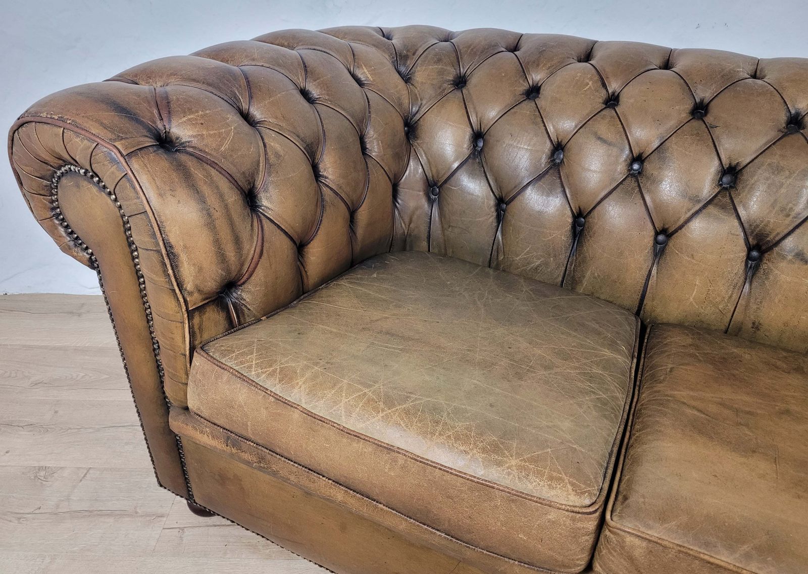 Chesterfield 3 Seater Sofa Settee Olive Green Leather 1960s photo for sale