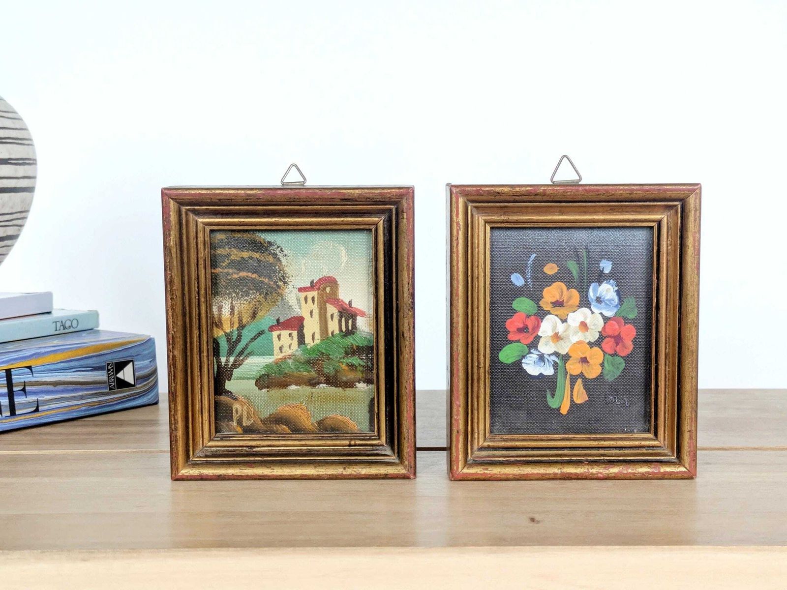 Pair Of Small Italian Oil Paintings, Floral And Landscape, Gilded Wood Frames, Signed photo furniture