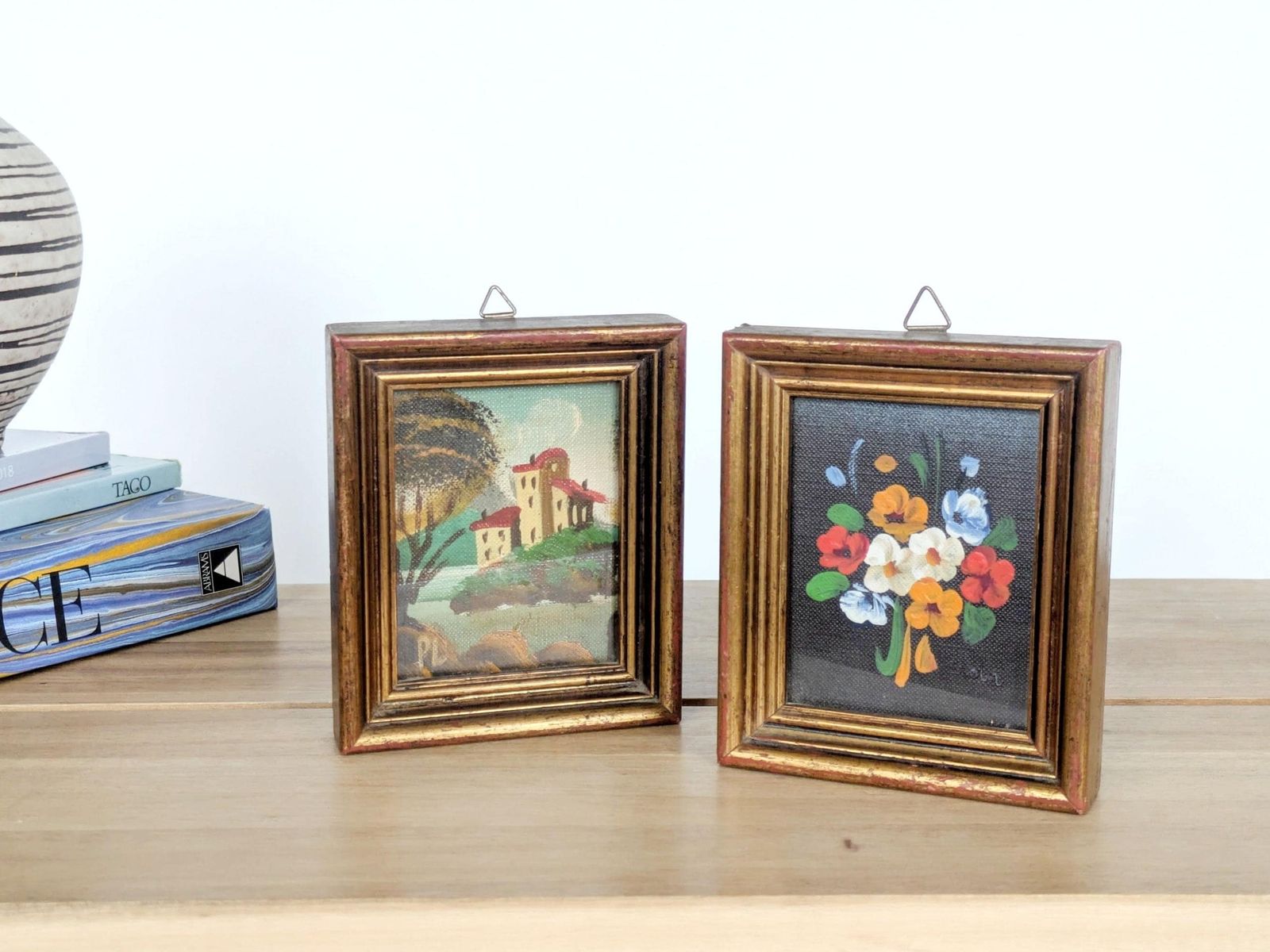 Pair Of Small Italian Oil Paintings, Floral And Landscape, Gilded Wood Frames, Signed photo for sale
