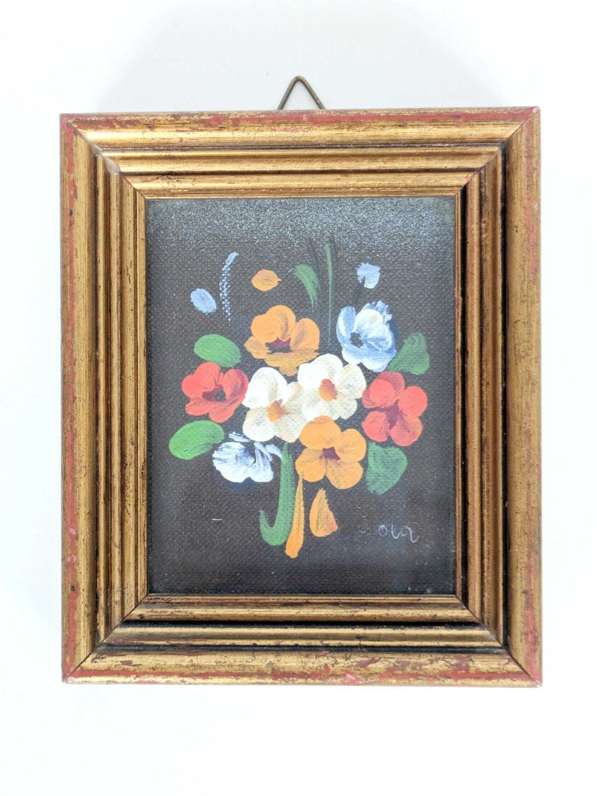 Pair Of Small Italian Oil Paintings, Floral And Landscape, Gilded Wood Frames, Signed photo vintage