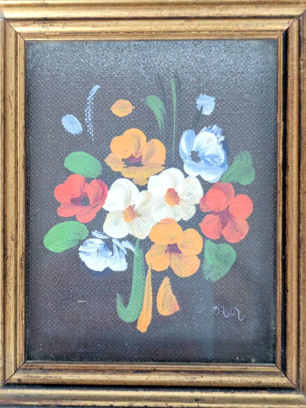 photo furniture Pair Of Small Italian Oil Paintings, Floral And Landscape, Gilded Wood Frames, Signed