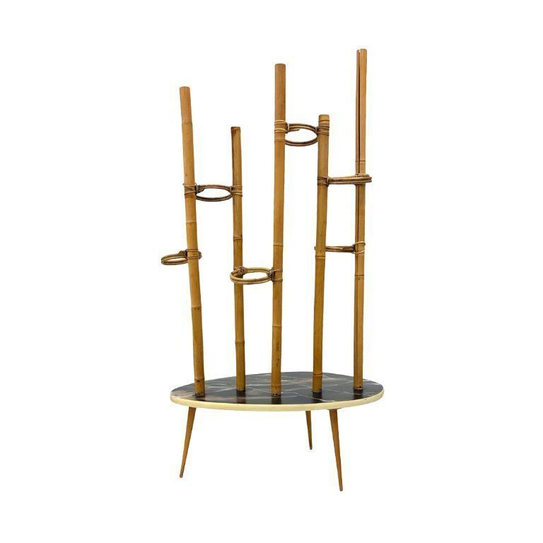 Mid Century Modern Plant Stand – Europe, 1960s 1970s, Bamboo & Artistic Resin Tabletop photo Home Decor