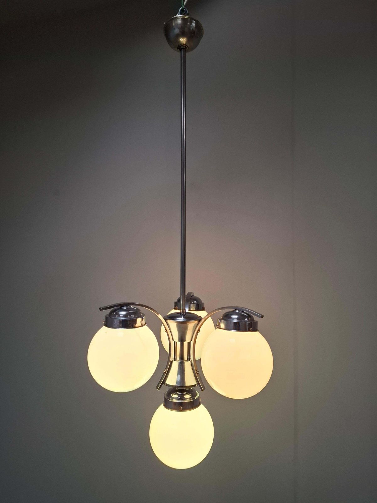 1930s Czech Art Deco Blue Opaline Glass And Chrome Four Light Chandelier photo 991.0
