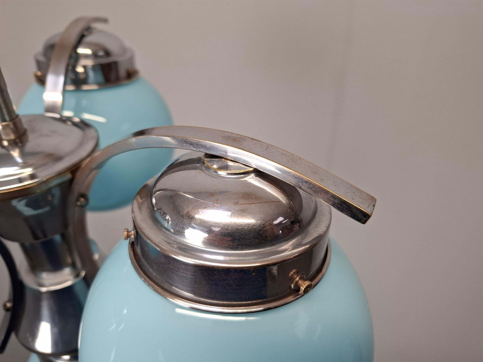 photo vinterior 1930s Czech Art Deco Blue Opaline Glass And Chrome Four Light Chandelier