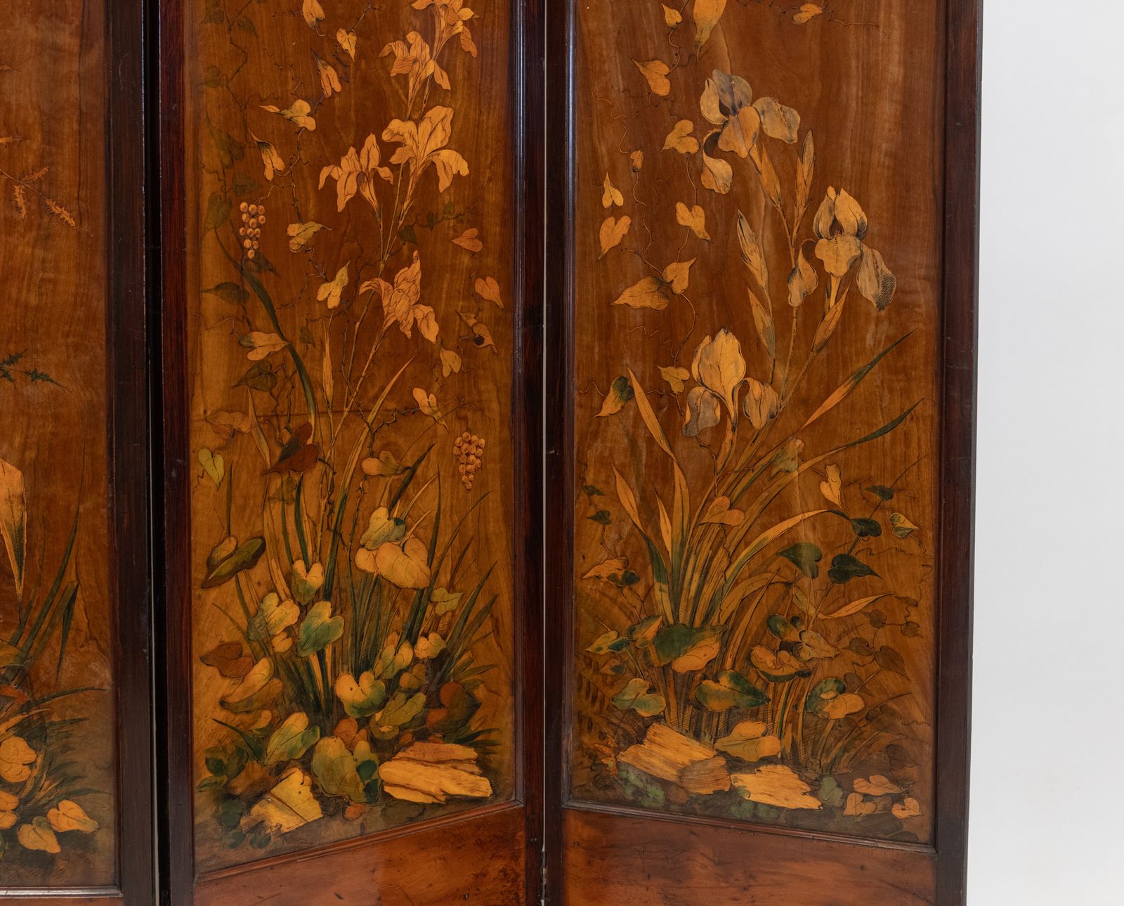 Art Nouveau Fruitwood Inlaid Botanical Panel Folding Screen Room Divider French Circa 1900 photo for sale