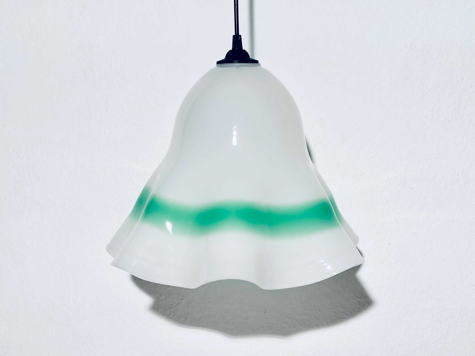 Murano Fazzoletto Glass Hanging Lamp / Vintage Italian 1960s Decor / White & Green