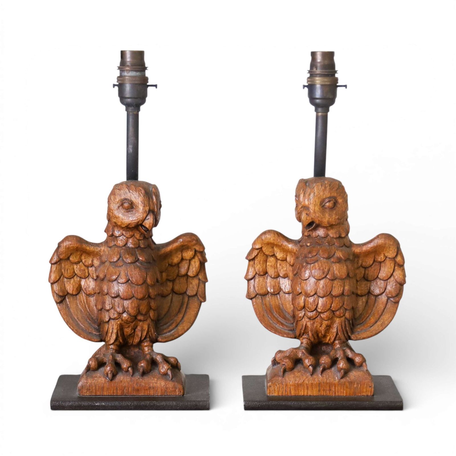 Pair Of Carved Wooden Owl Lamps