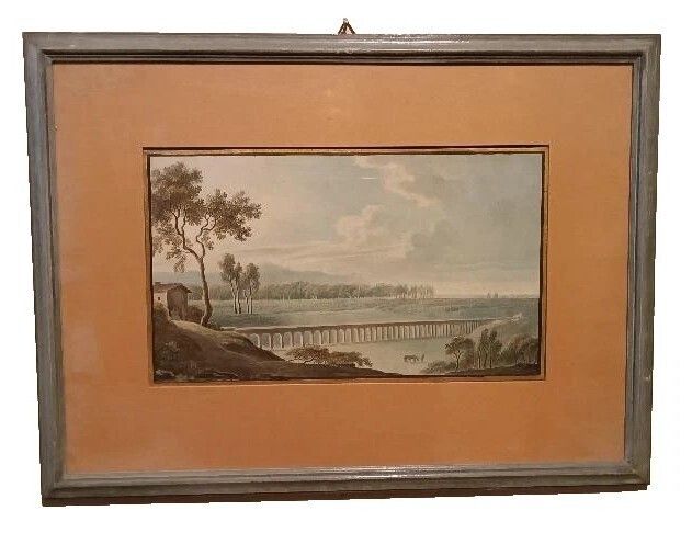 Six Early 19th Century Watercolors On Paper – Landscapes With Aqueduct And Bridge photo vinterior