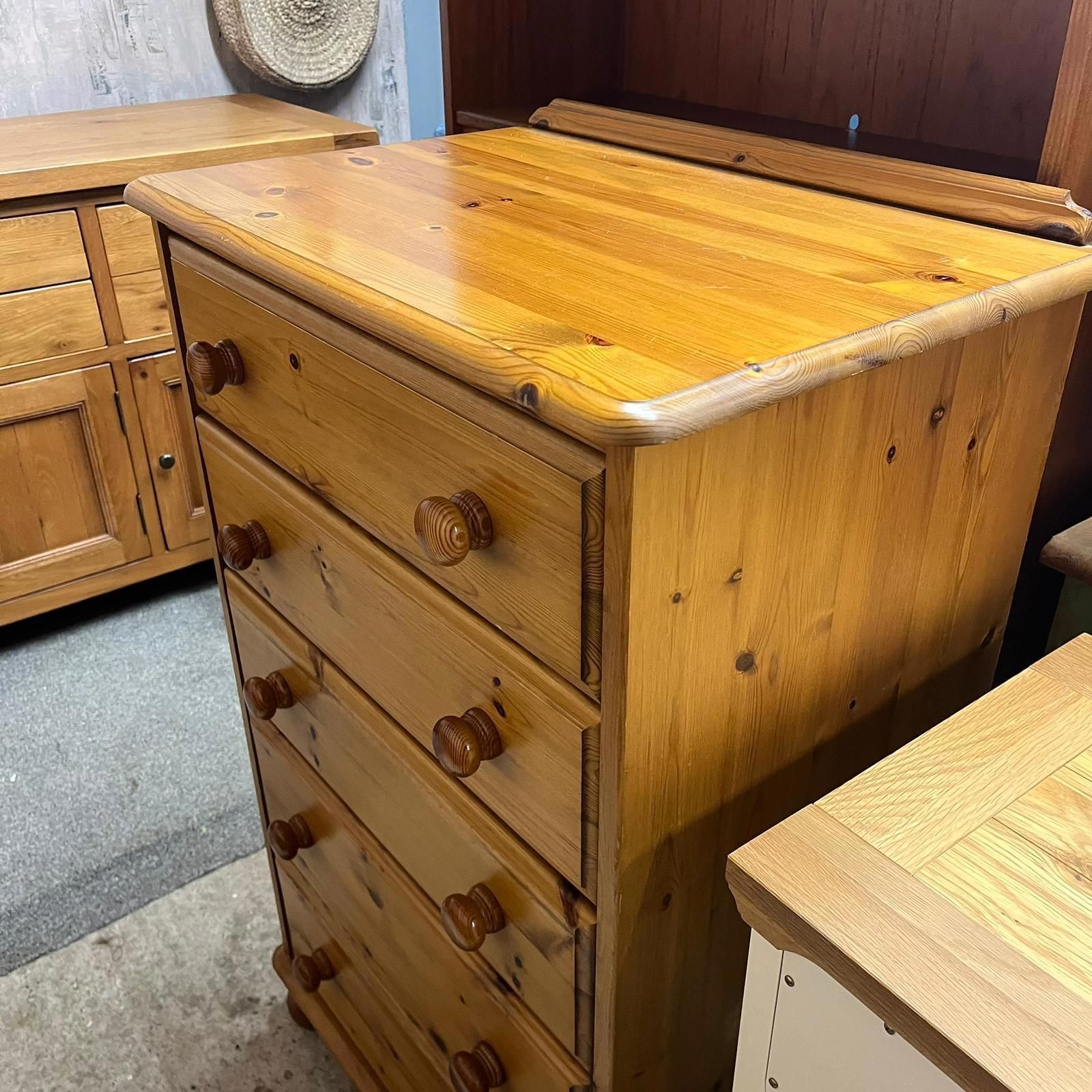 Pine Chest Of 5 Drawers Knob Handles Ball Feet Gallery photo 194.0