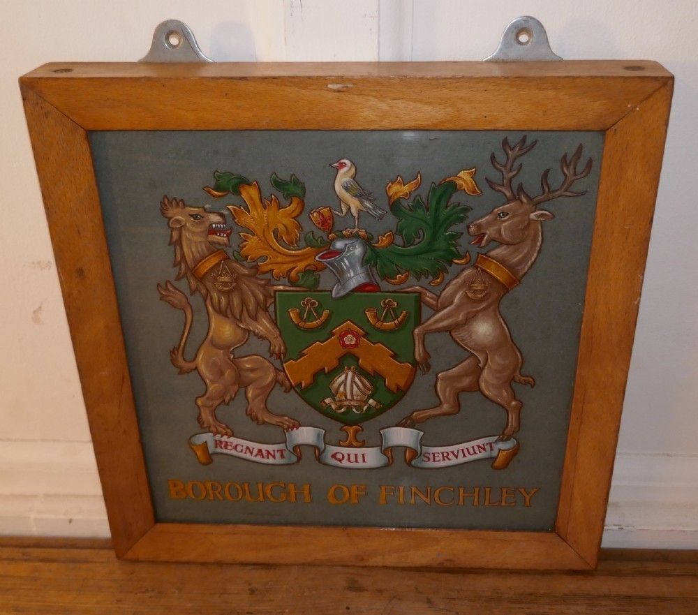 Heraldic Crest Framed & Painted On Slate From Borough Of Finchley photo for sale
