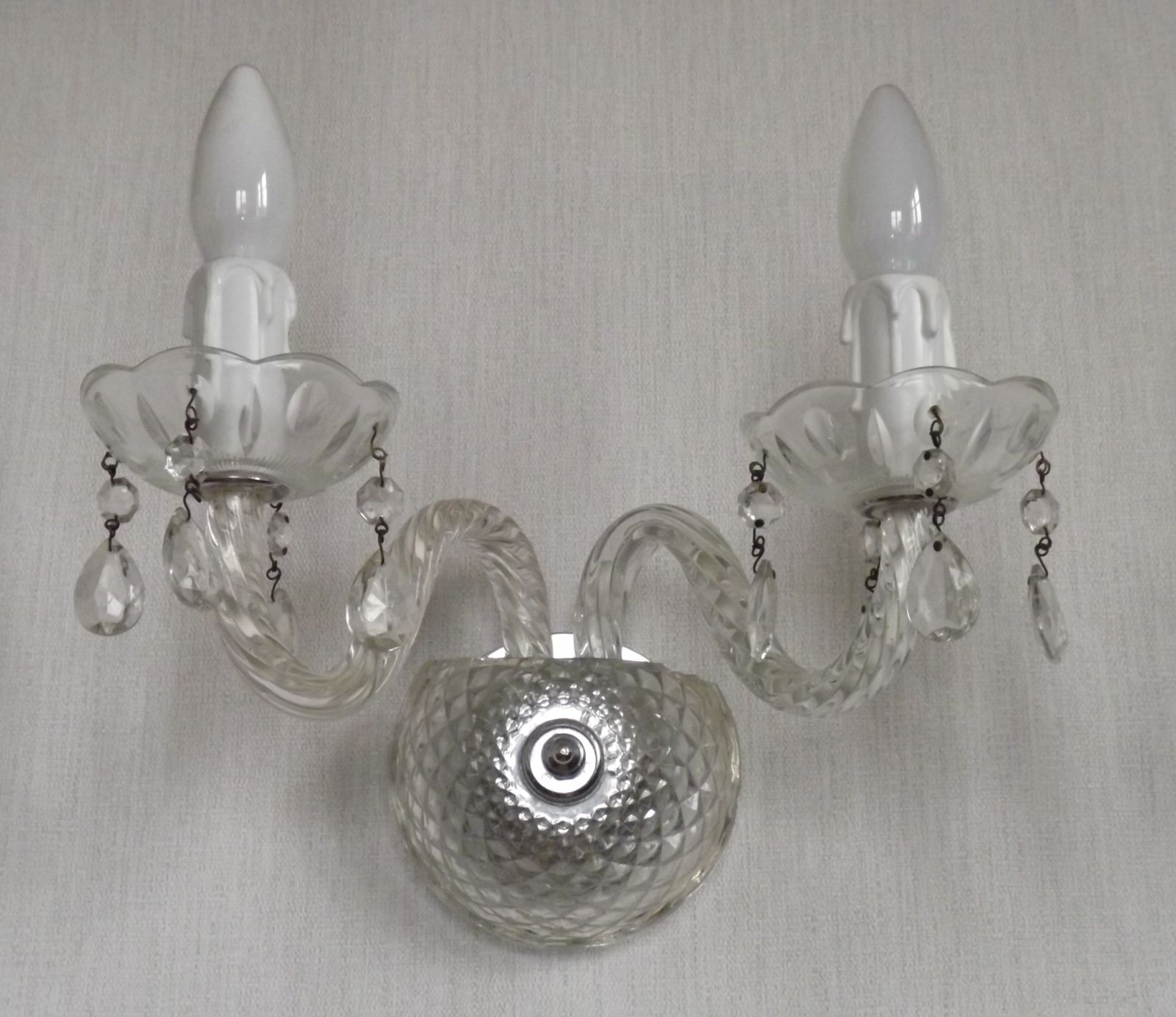 Pair French Vintage Double Crystal Wall Lights With Barley Twist Glass Arms photo 275.0