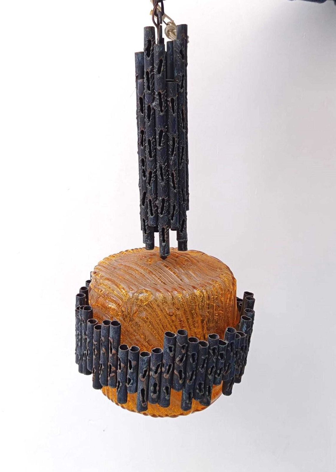 Brutalist Chandelier In Iron And Amber Glass, Vintage Design By Marcello Fantoni. photo furniture