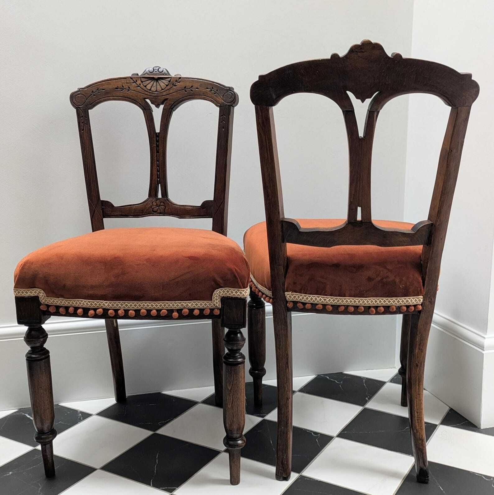 Pair Of Antique Victorian Shield Back Accent Chairs Reupholstered In Burnt Orange Velvet With Pom Pom Trim photo furniture