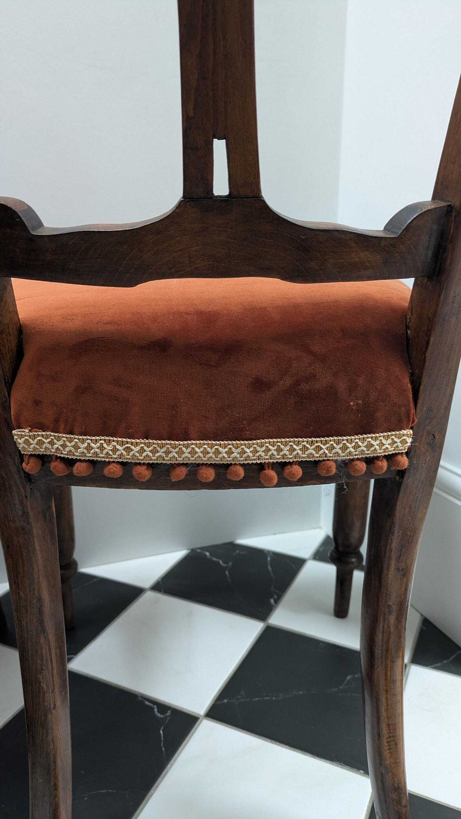 Pair Of Antique Victorian Shield Back Accent Chairs Reupholstered In Burnt Orange Velvet With Pom Pom Trim photo for sale