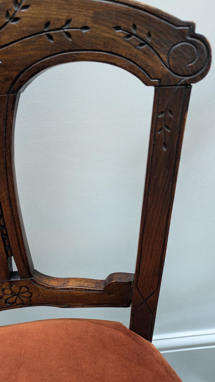 Pair Of Antique Victorian Shield Back Accent Chairs Reupholstered In Burnt Orange Velvet With Pom Pom Trim photo vintage