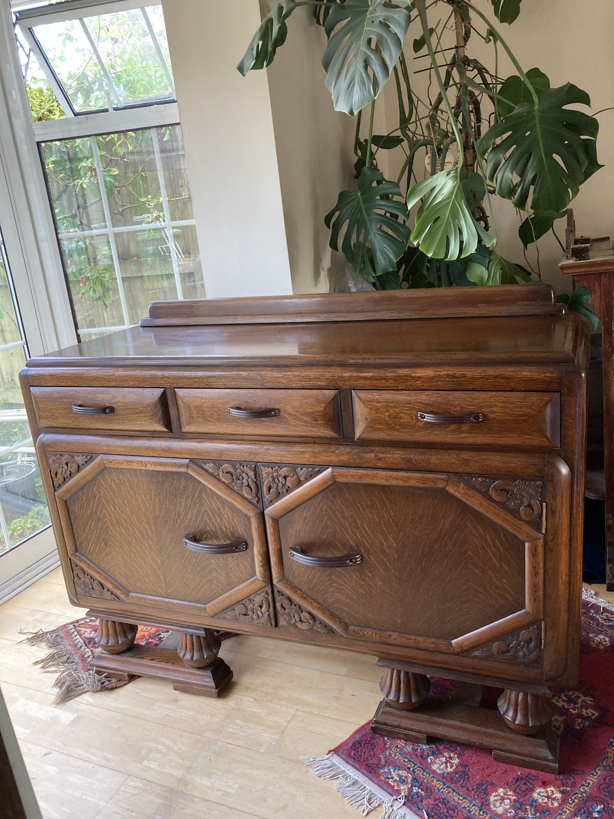 Art Deco 1940’s Mid Oak Sideboard  Geometric Doors With Bulbous Ornate Legs photo Furniture