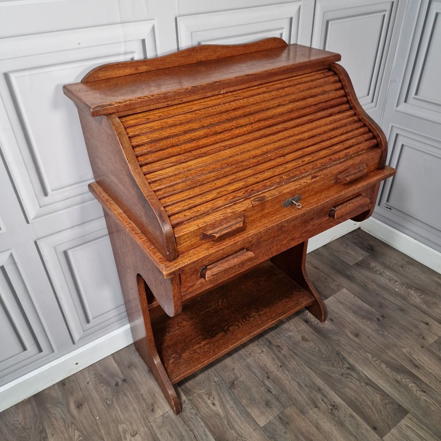 Antique Roll Top Desk Edwardian Oak Bureau With Tambour Door Single Drawers photo for sale