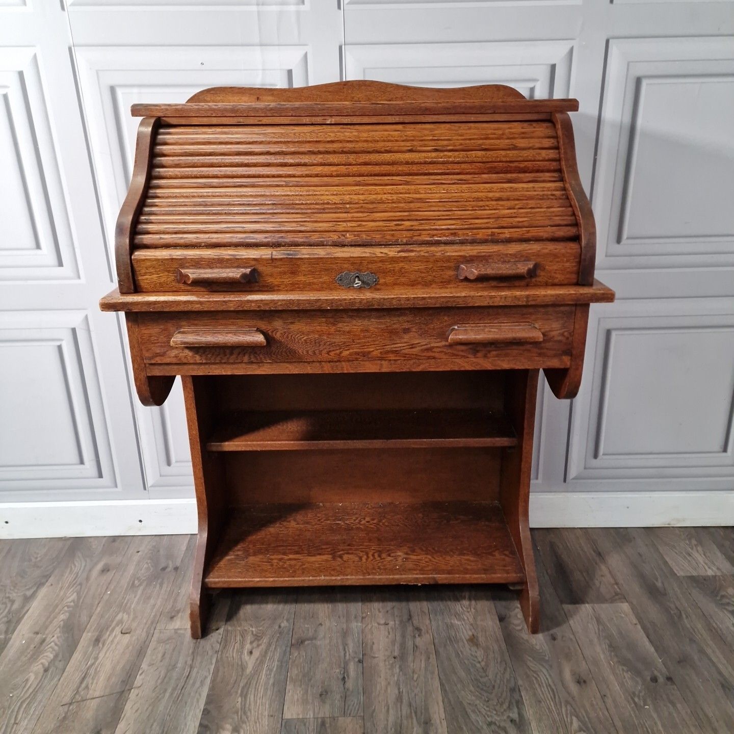 Antique Roll Top Desk Edwardian Oak Bureau With Tambour Door Single Drawers photo Furniture