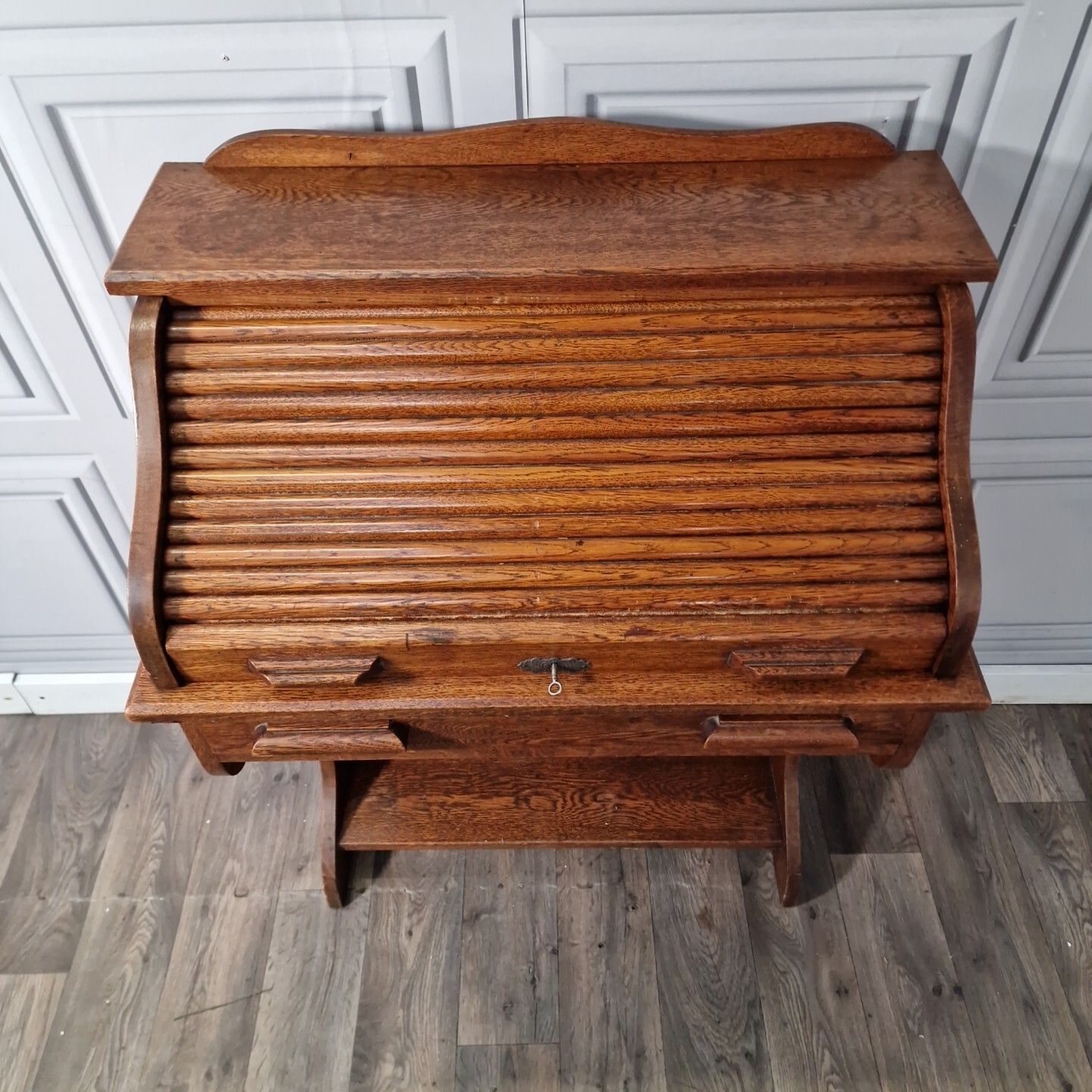 Antique Roll Top Desk Edwardian Oak Bureau With Tambour Door Single Drawers photo 330.0