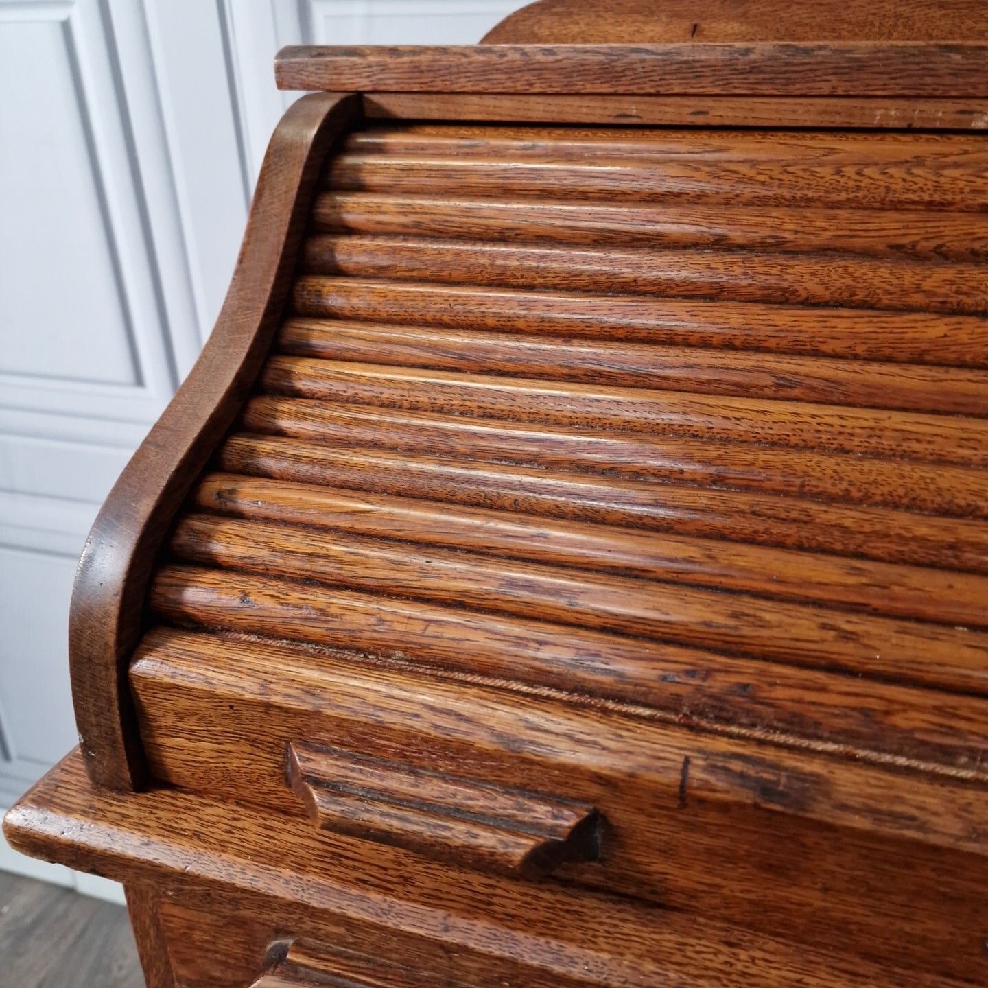 photo vinterior Antique Roll Top Desk Edwardian Oak Bureau With Tambour Door Single Drawers
