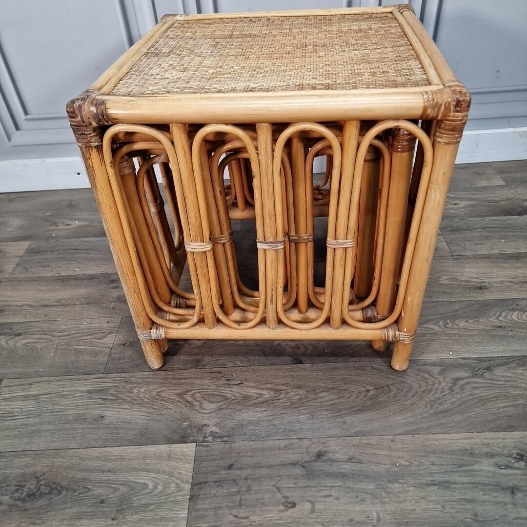photo for sale Vintage Rattan Side Tables – Nest Of 3 – Bamboo & Cane Woven Tops – Boho Coast