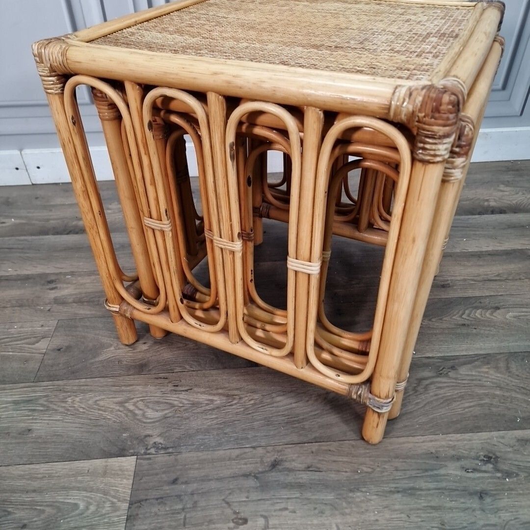 photo buy Vintage Rattan Side Tables – Nest Of 3 – Bamboo & Cane Woven Tops – Boho Coast