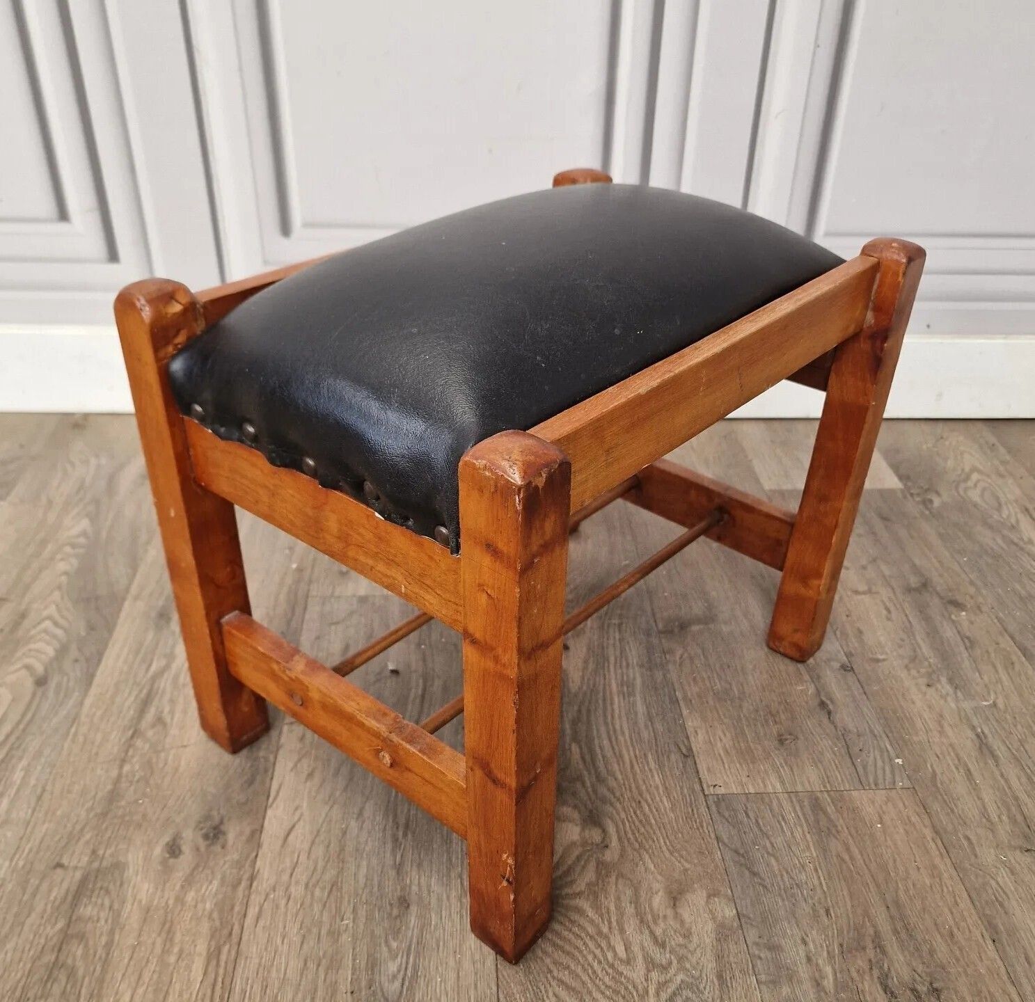 Retro Vinyl Foot Stool Vintage Solid Wooden Faux Leather Antique Art Deco