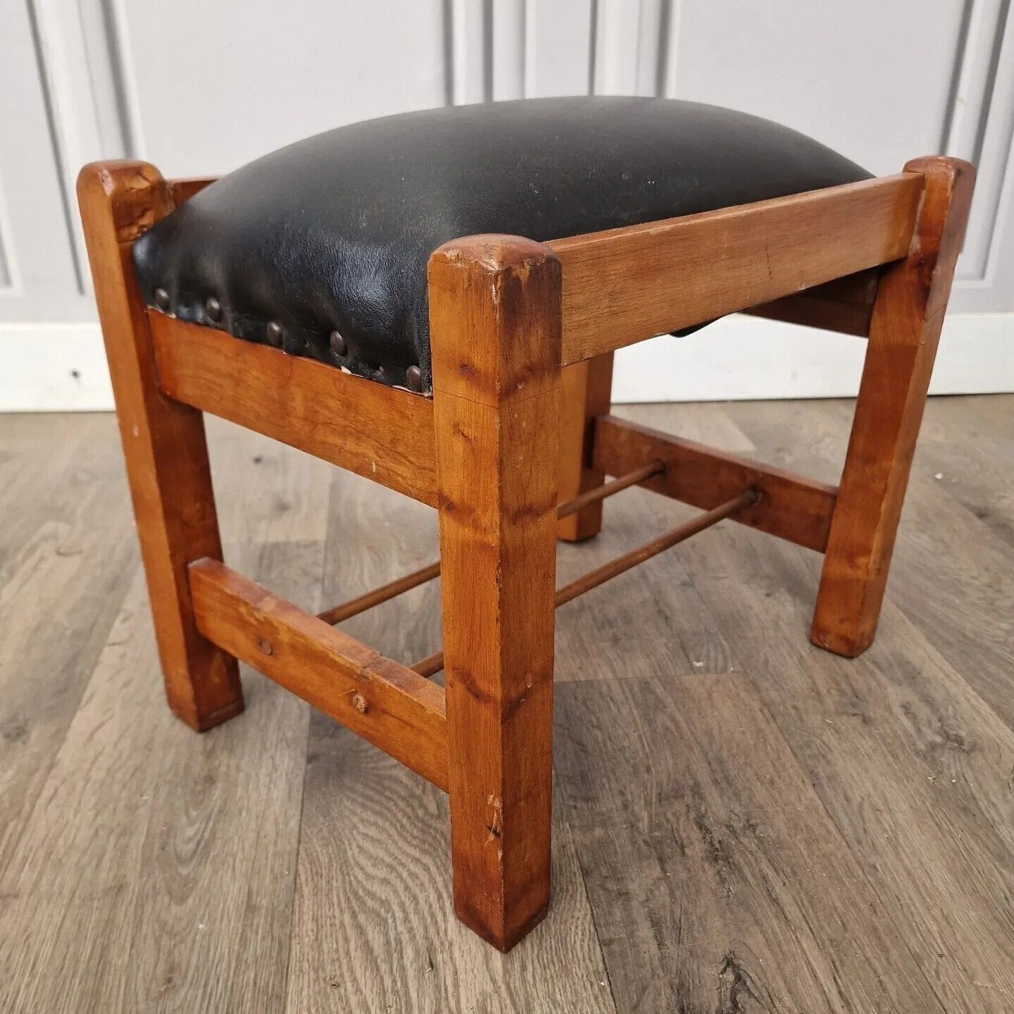 Retro Vinyl Foot Stool Vintage Solid Wooden Faux Leather Antique Art Deco photo Furniture