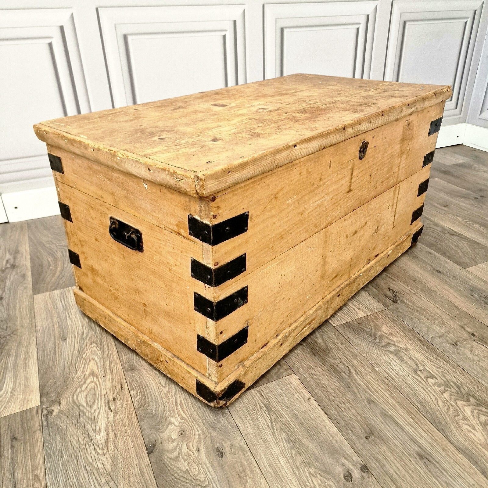 Antique Pine Trunk Chest Victorian Solid Wood Old Blanket Box Coffee Table photo furniture