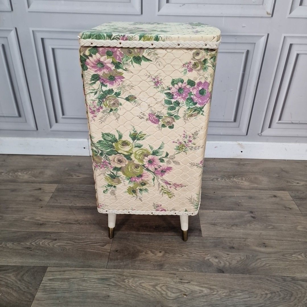 60.0 Vintage Floral Laundry Basket – Quilted Vinyl – Retro Linen Basket – Storage Box photo