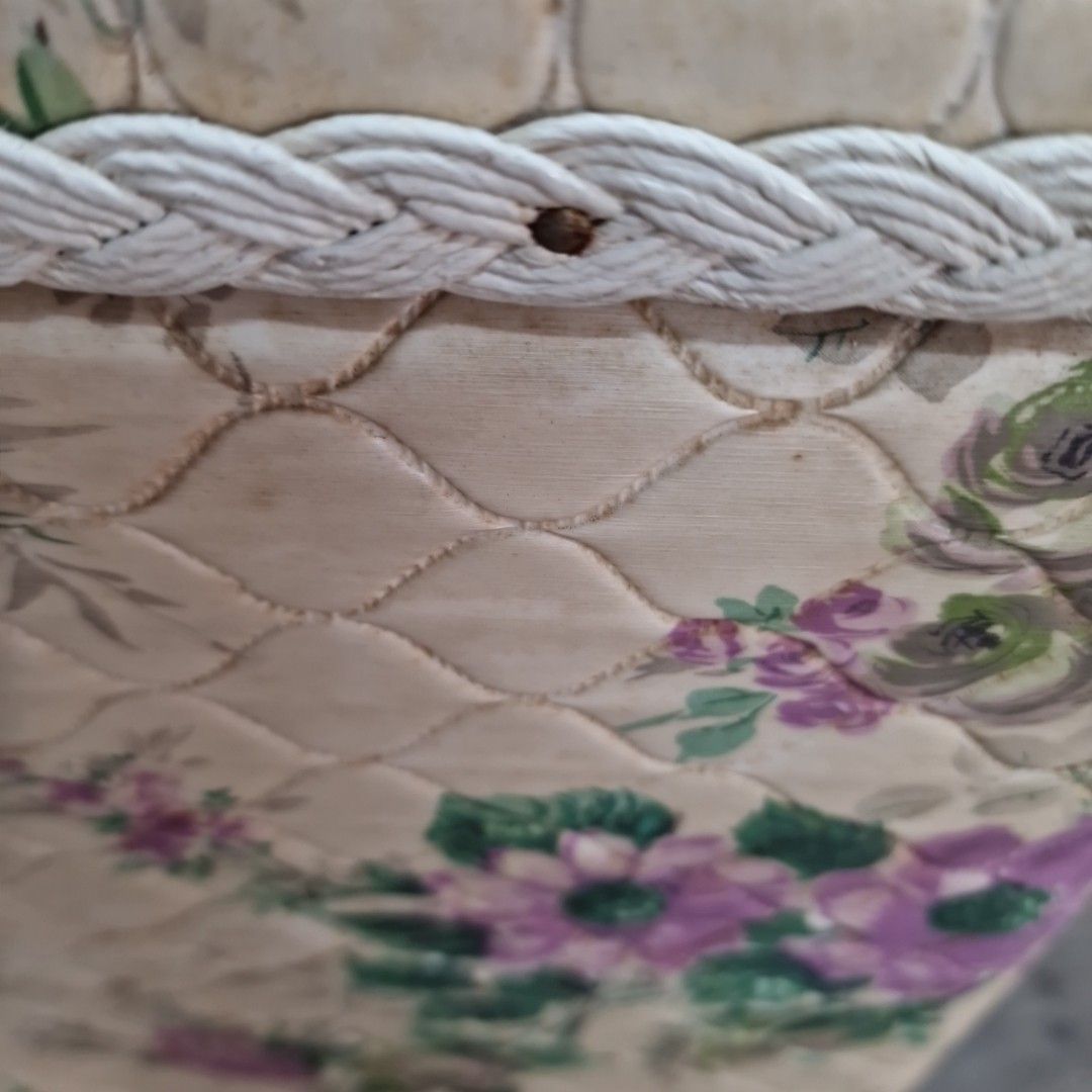 photo vinterior Vintage Floral Laundry Basket – Quilted Vinyl – Retro Linen Basket – Storage Box