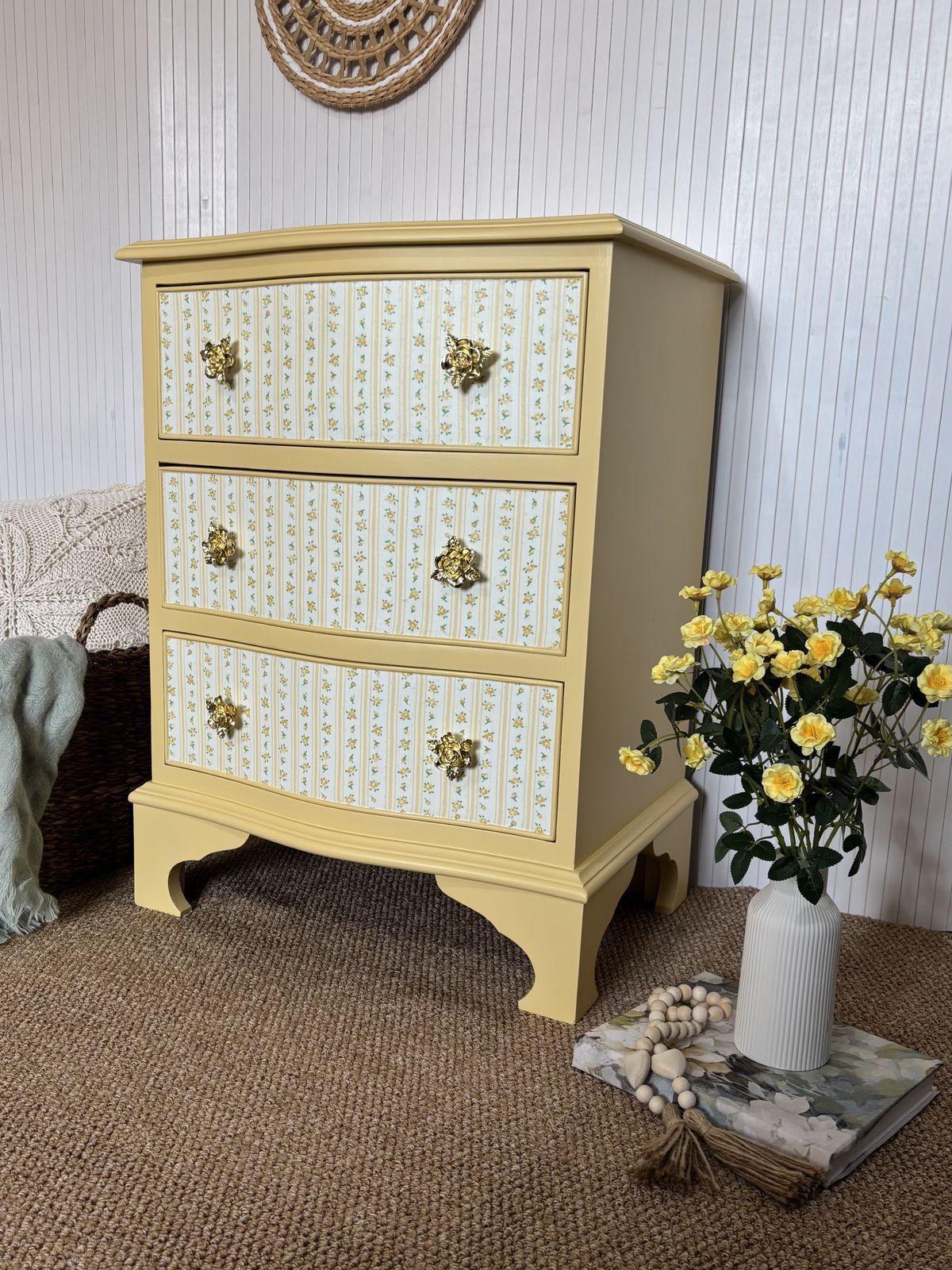 Upcycled Small Chest Of Drawers In Butter Yellow With Floral Drawers And Gold Rose Pulls