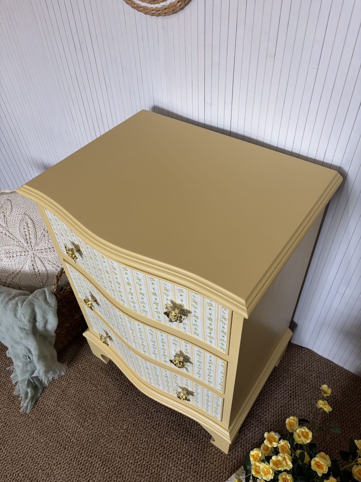 Upcycled Small Chest Of Drawers In Butter Yellow With Floral Drawers And Gold Rose Pulls photo 150.0