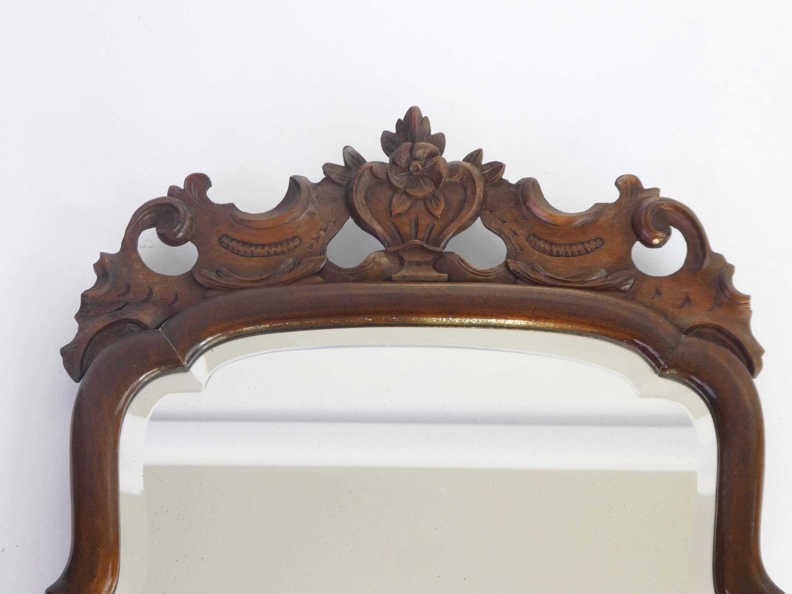 Antique Early 19th Century Scalloped Wall Mirror, Floral Carved Ornament, Dutch Farmhouse photo furniture