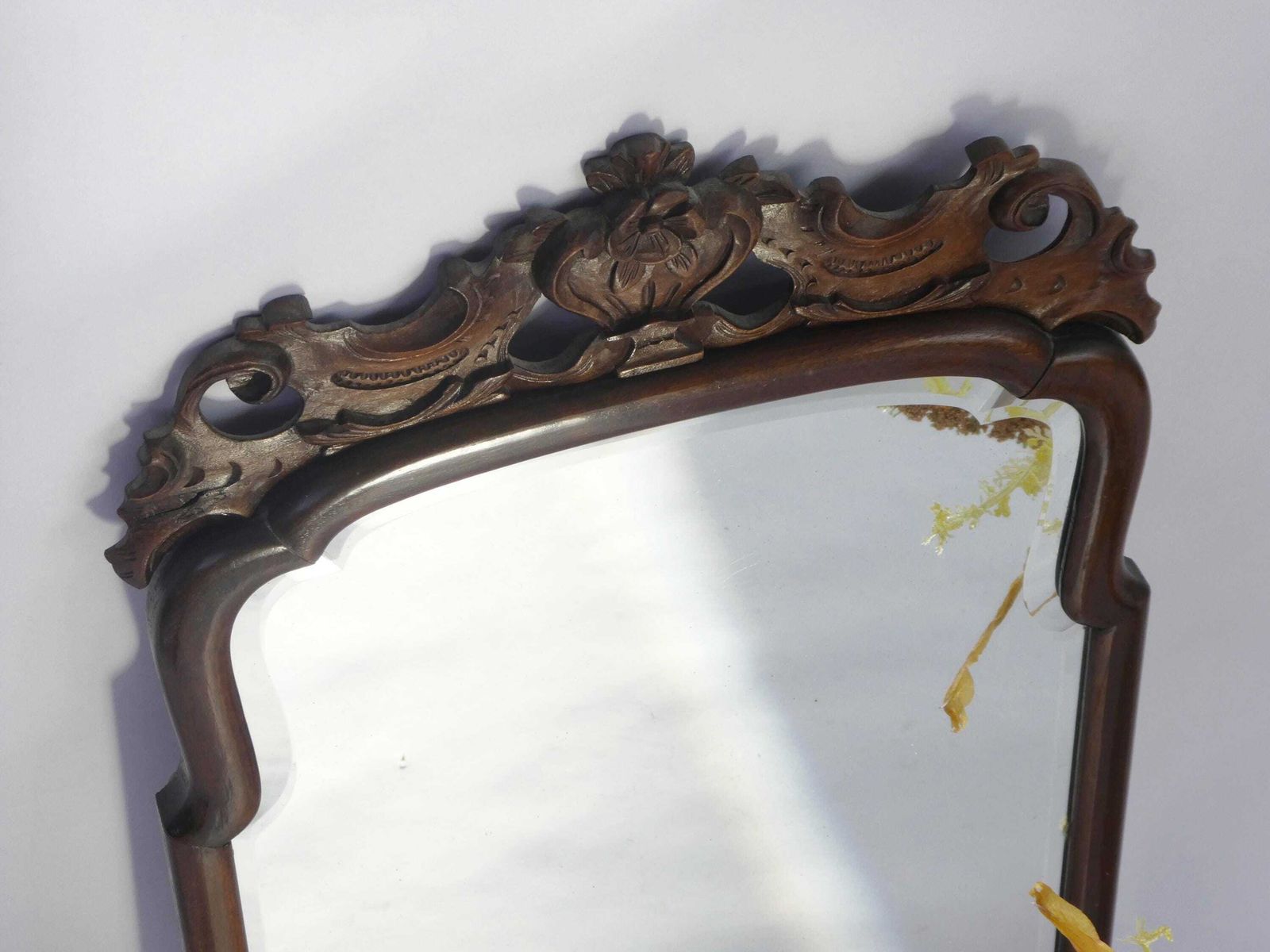 Antique Early 19th Century Scalloped Wall Mirror, Floral Carved Ornament, Dutch Farmhouse photo vinterior