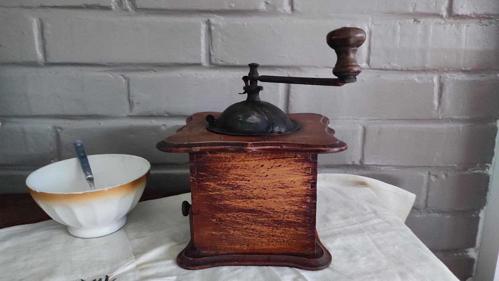 Large Antique Wooden Manual Coffee Grinder, French Counter Spice Mill photo buy