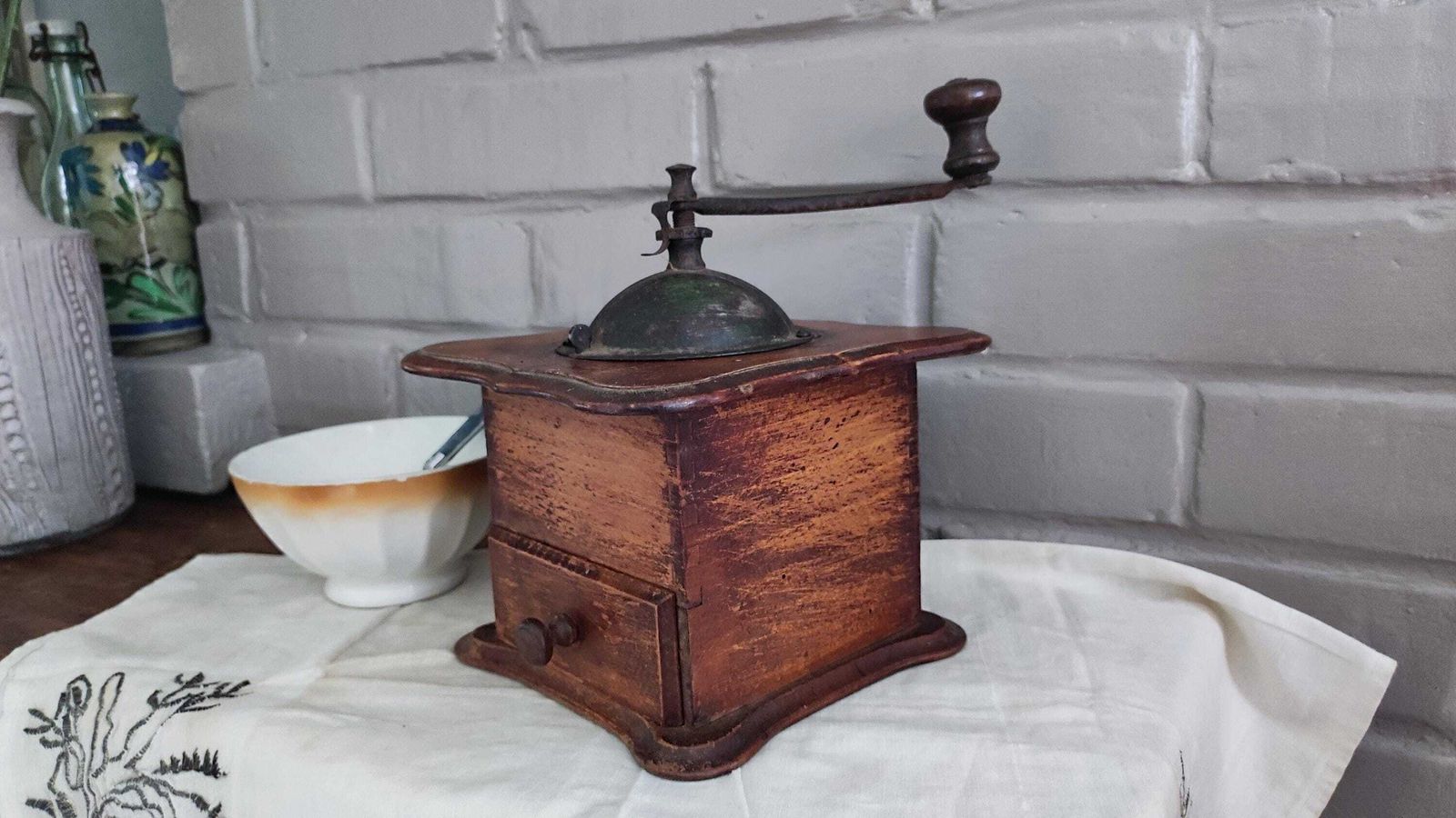 photo furniture Large Antique Wooden Manual Coffee Grinder, French Counter Spice Mill