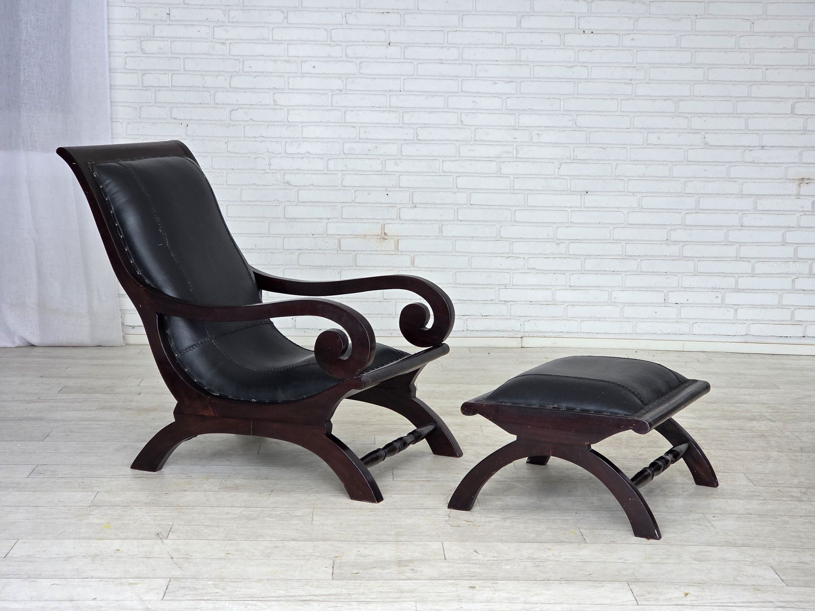 1970s, Vintage Armchair With Footstool, Black Furniture Leather. photo furniture