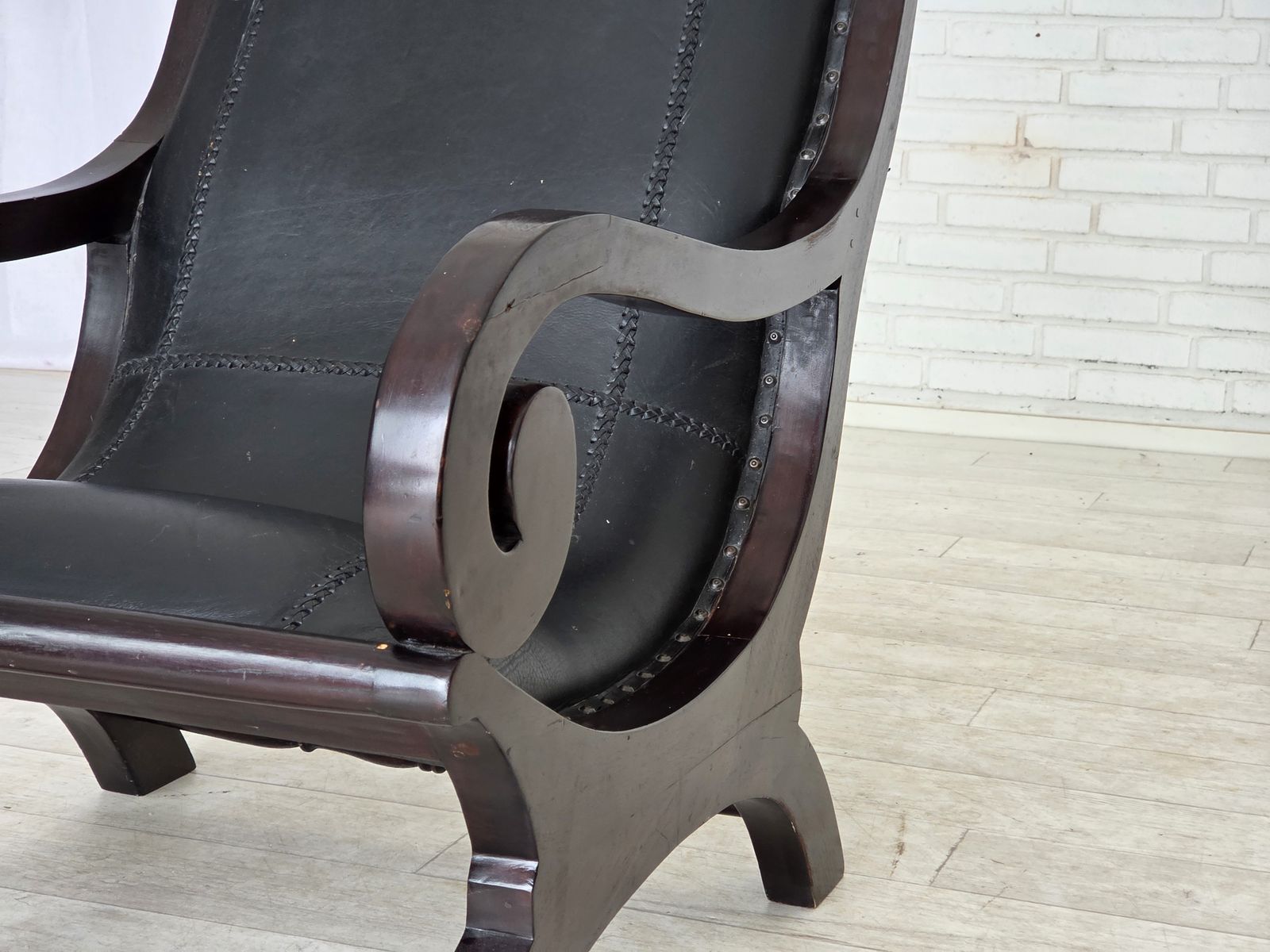 1970s, Vintage Armchair With Footstool, Black Furniture Leather. photo vinterior